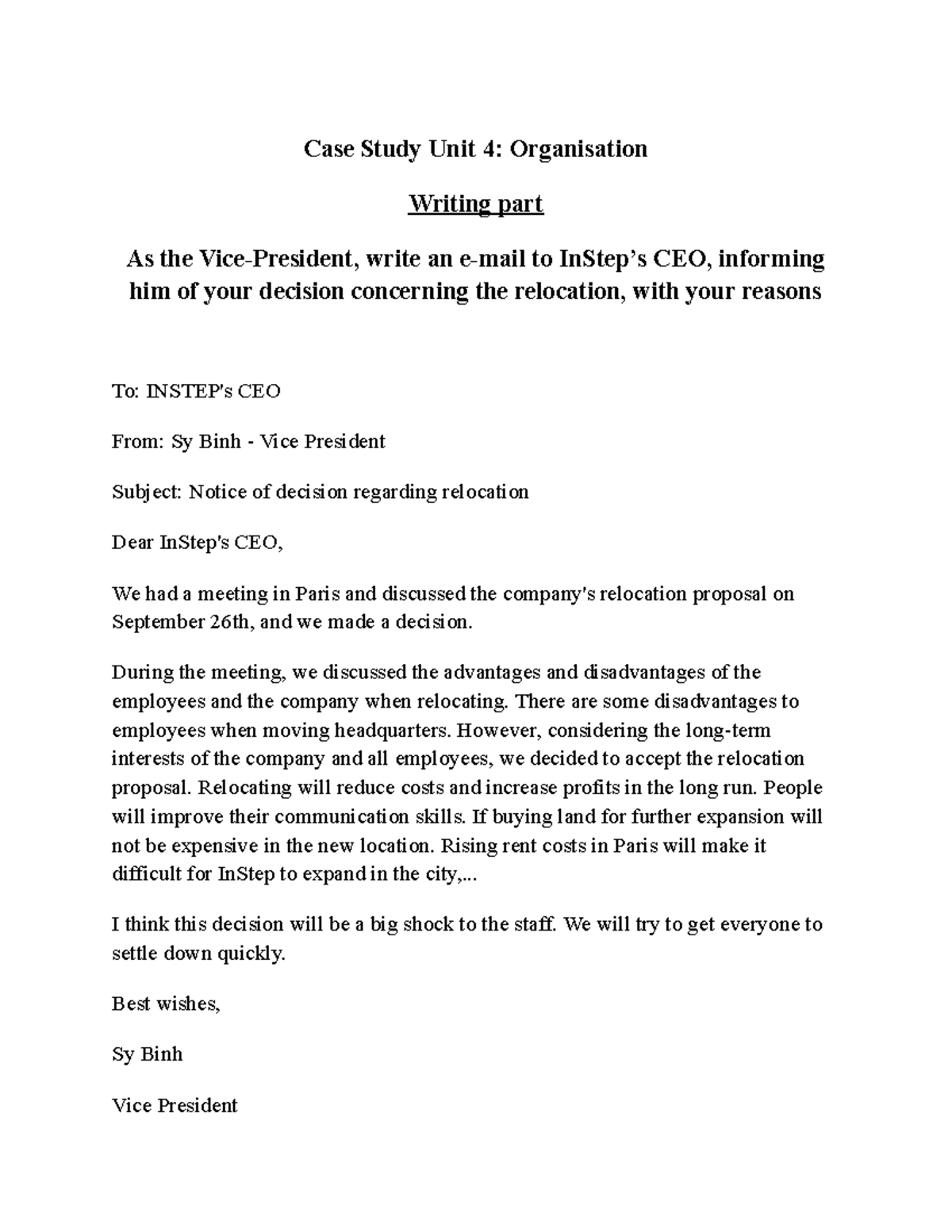 Case Study U4 - HP3: Relocation Decision Email Draft - Studocu