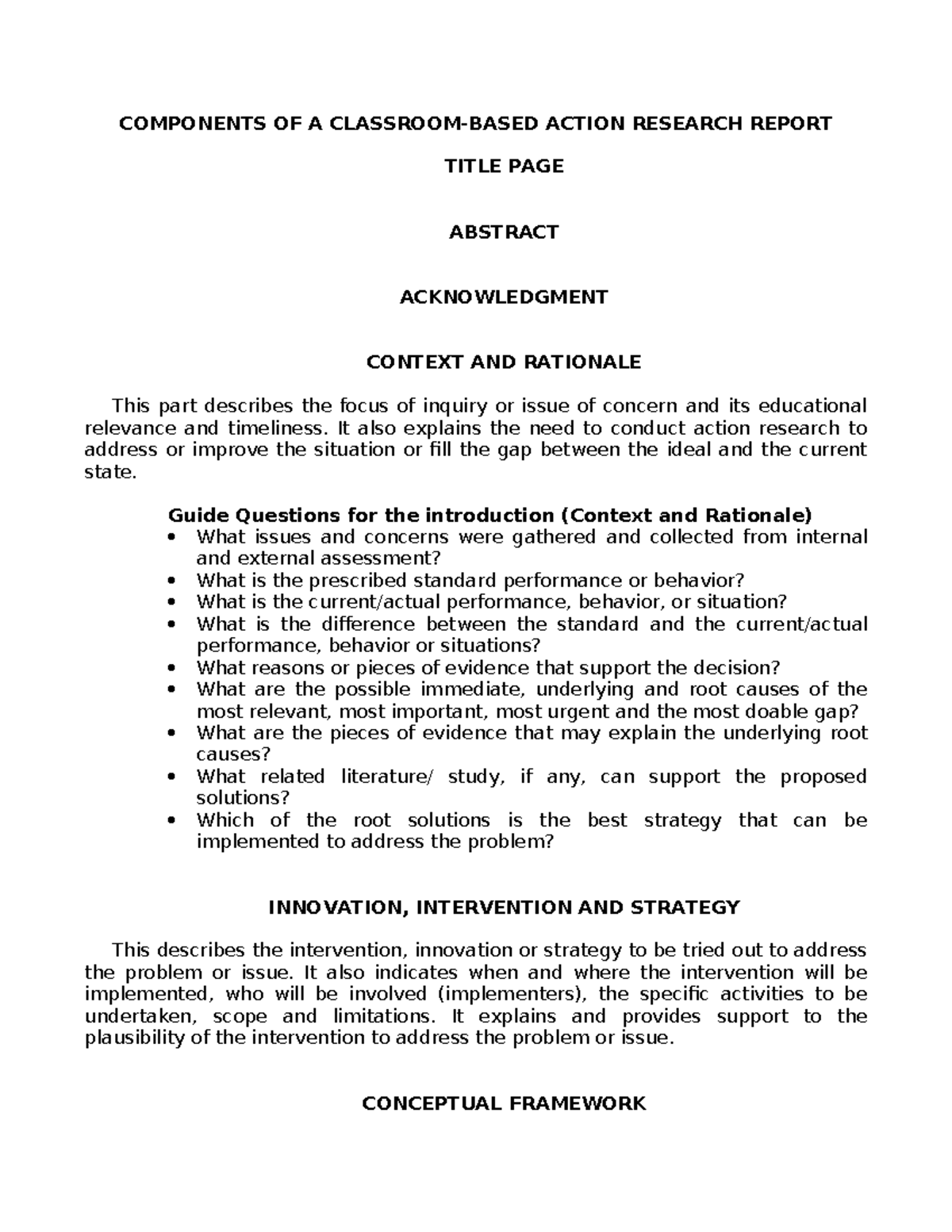 Components of a CBAR: Action Research Report Guidelines - Studocu