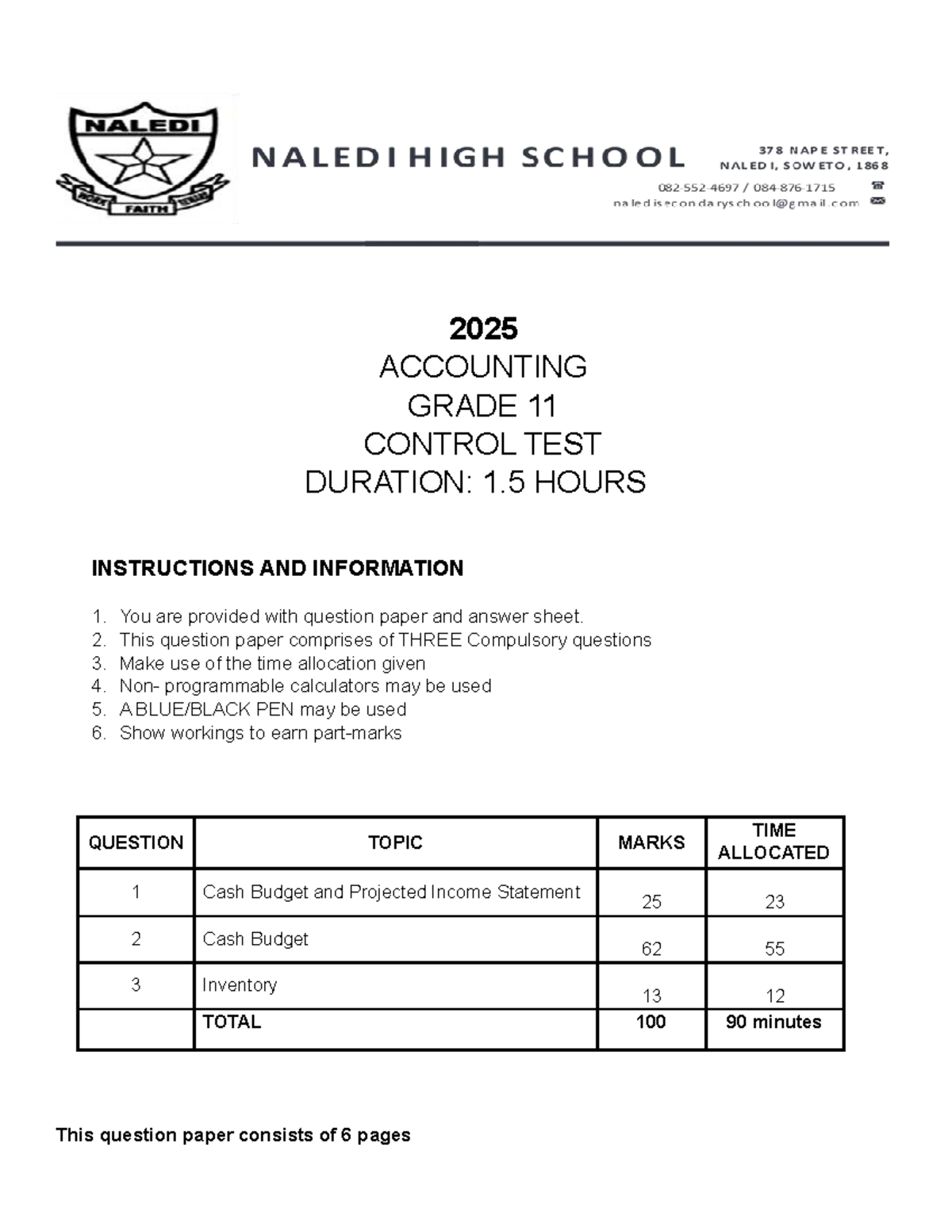Grade 11 Accounting Control Test 2025: Cash Budget & Income Statement ...