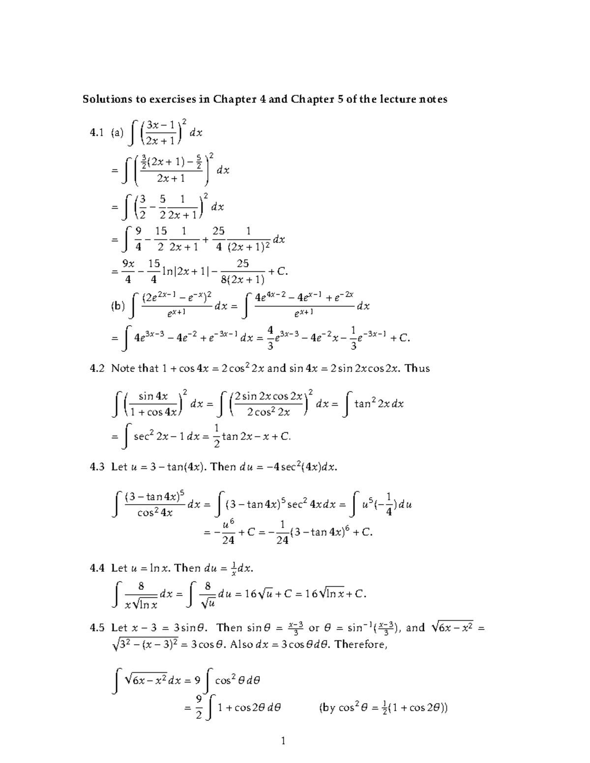 Solutions to Exercises in Chapters 4 & 5 - Math 111 Lecture Notes - Studocu