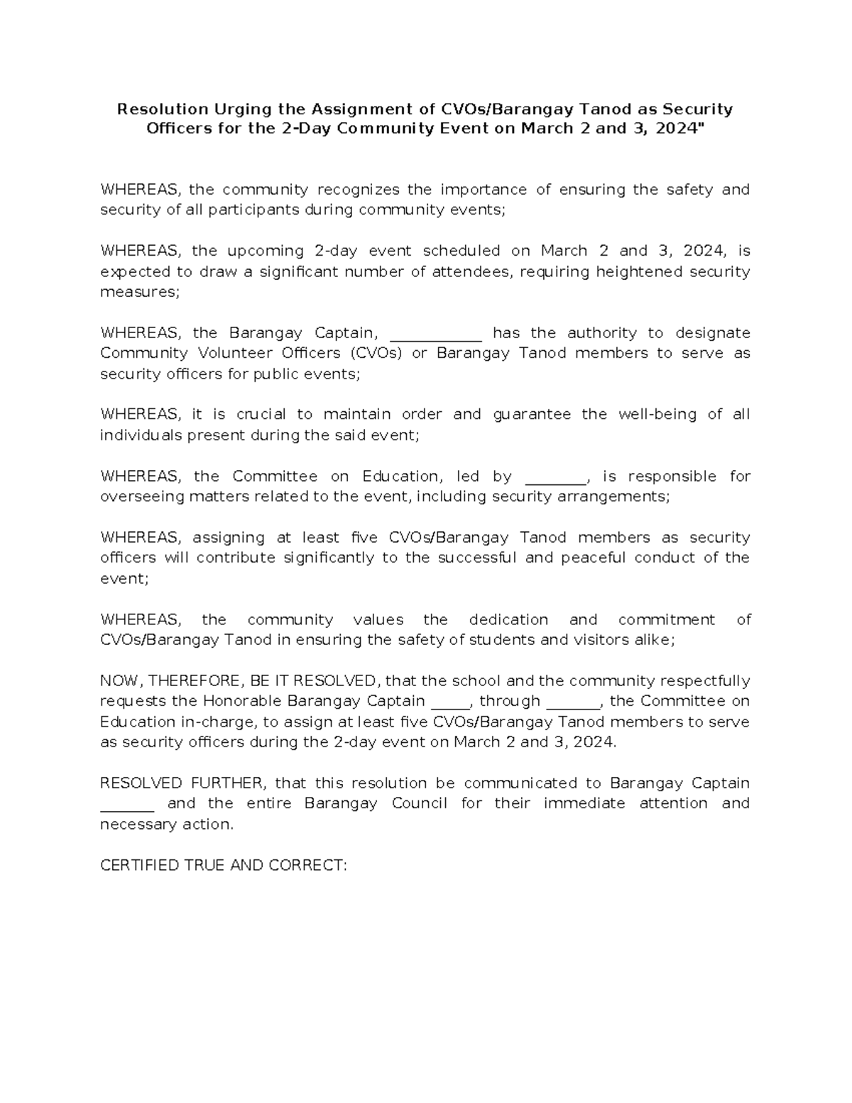 Resolution for Security Measures at the 2-Day Community Event on Mar 2 ...