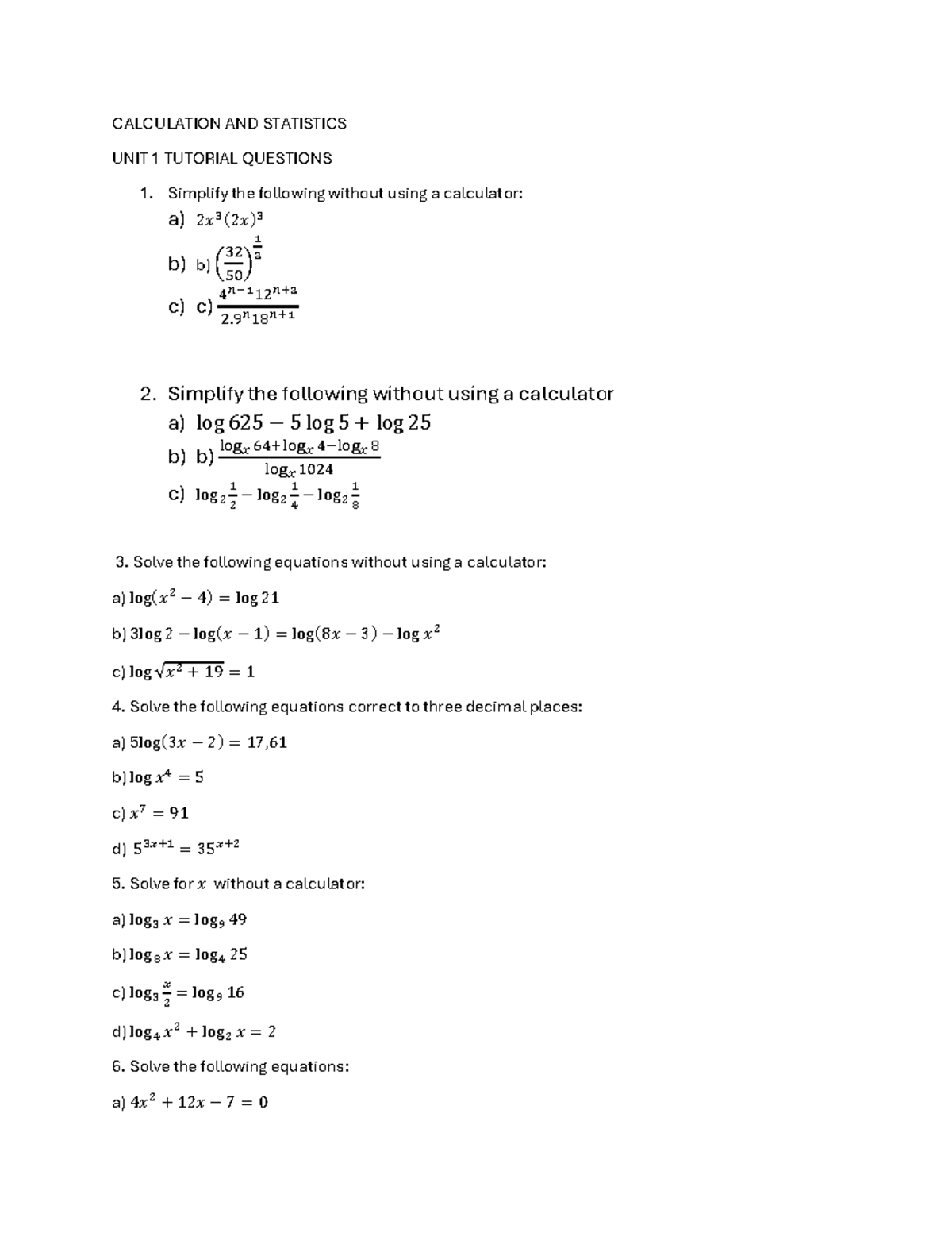 Calculation and Stats Test 1: Unit 1 Tutorial Questions - Studocu