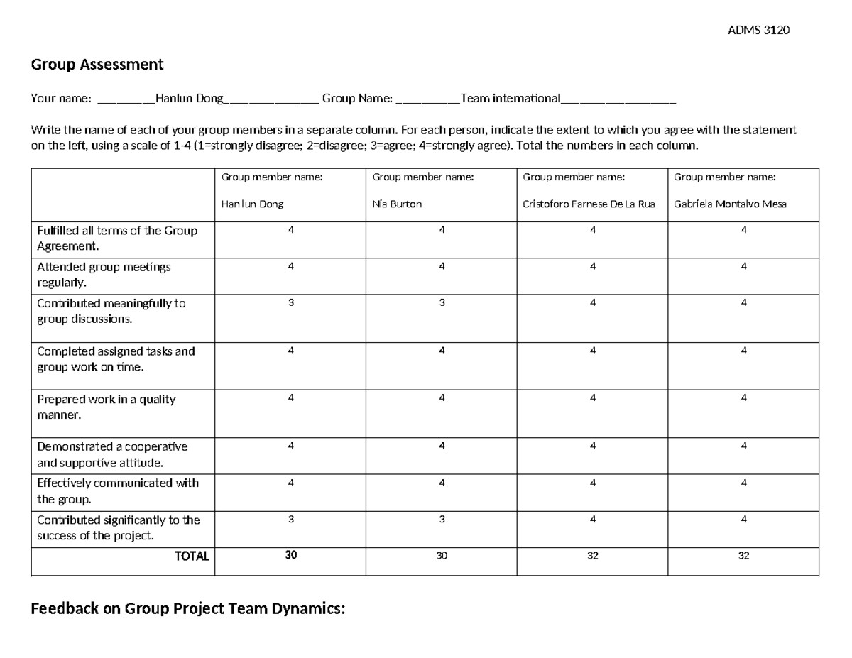 ADMS 3120 Group Assessment Template: Team Dynamics Evaluation - Studocu