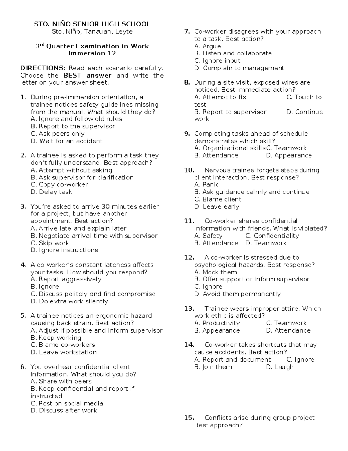 3rd Quarter Exam - Work Immersion 12: Best Practices & Scenarios - Studocu