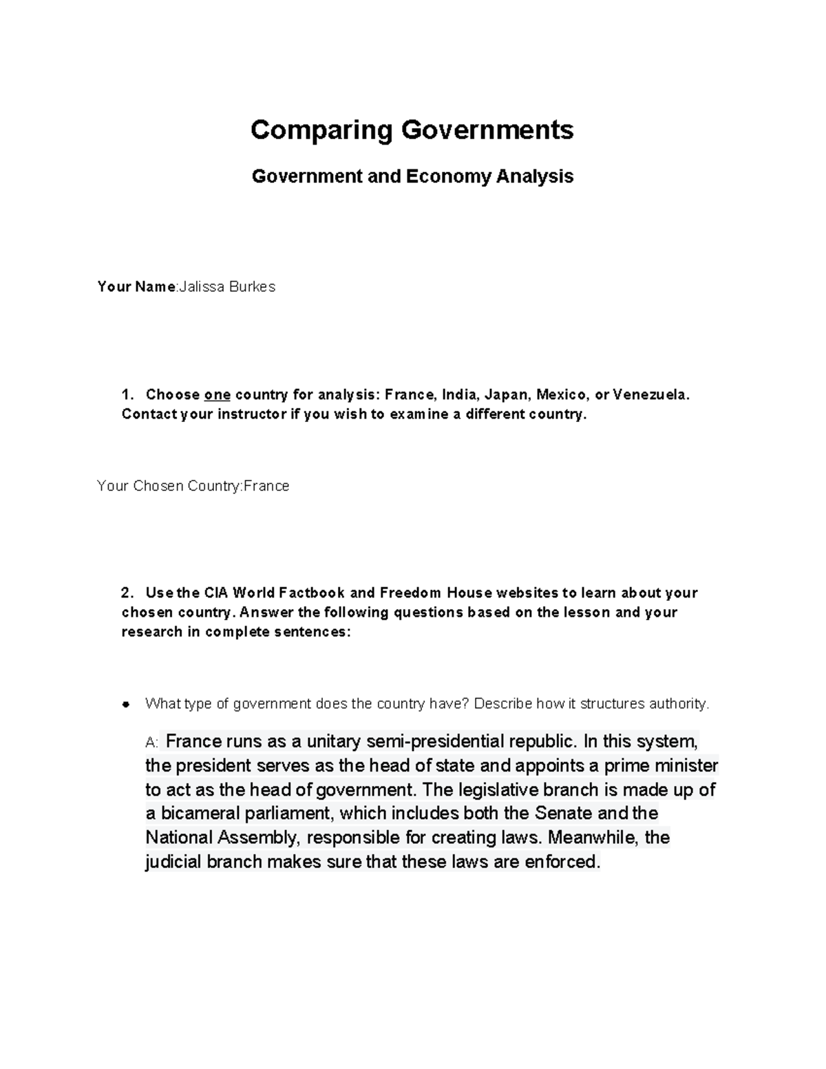 Comparing Governments: France's Political and Economic Analysis (1.07 ...
