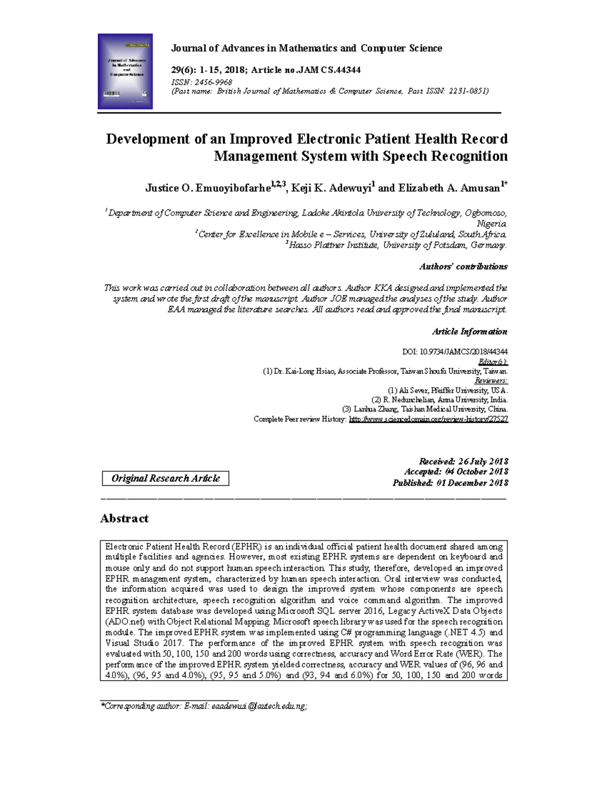 Improved EPHR Management System with Speech Recognition (JAMCS 29(6 ...