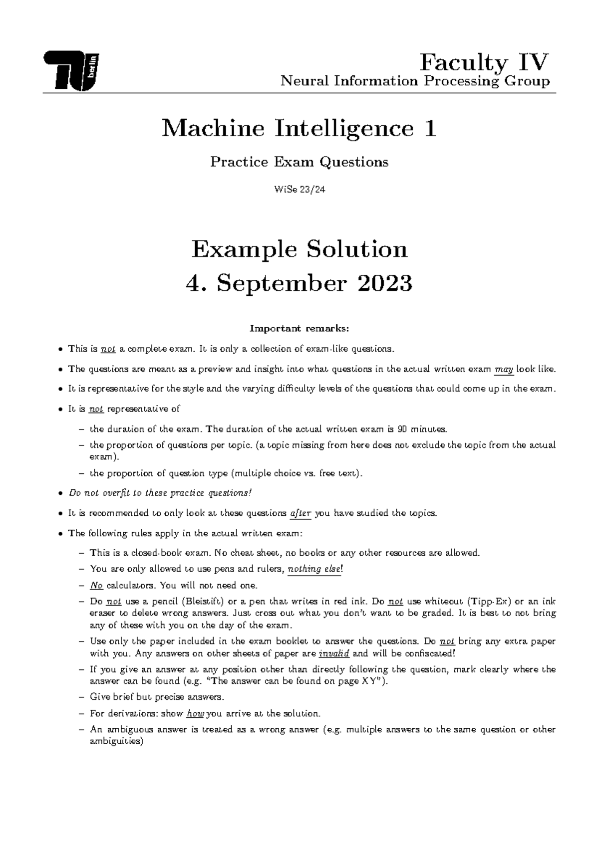 Practice Exam with Solutions for MI - Machine Intelligence 1 - Studocu