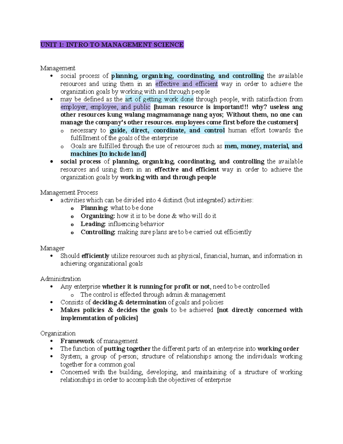 MGT 101: Intro to Management Science - Comprehensive Unit 1 Review ...