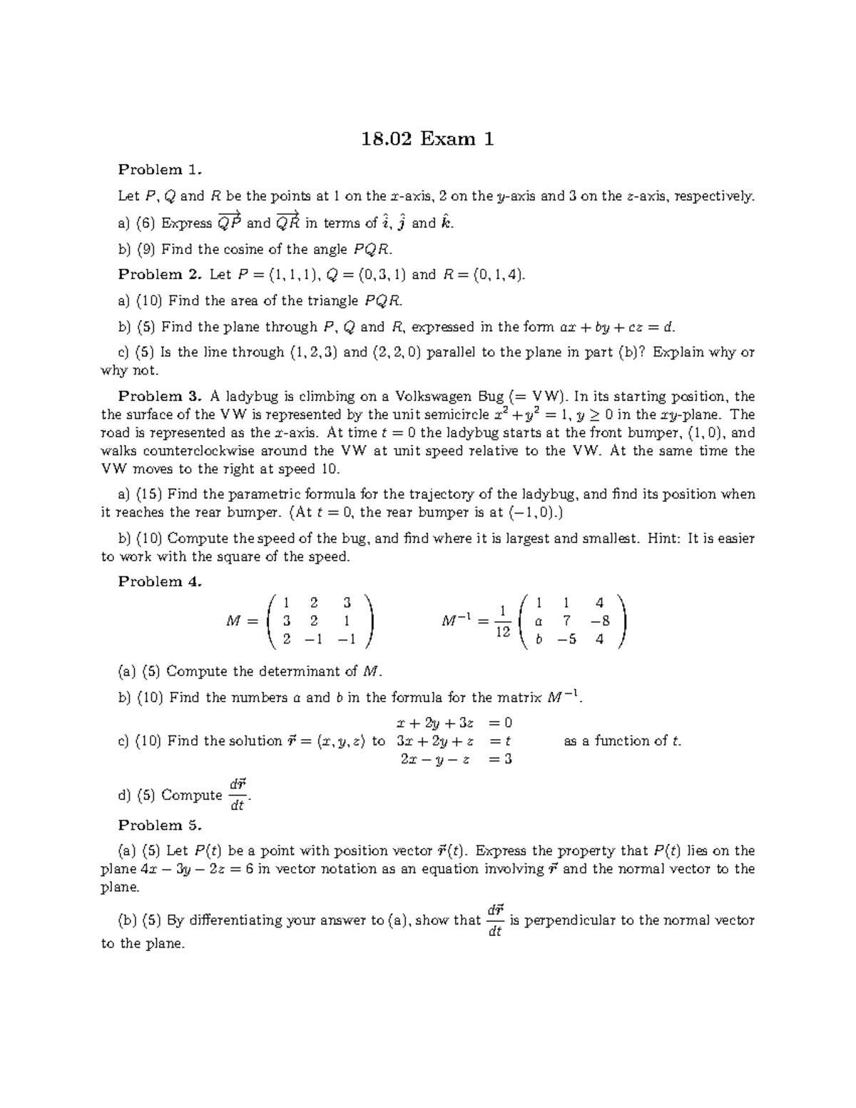 MIT 18.02SC Exam 1 Problem Set: Vectors, Planes, and Trajectories - Studocu