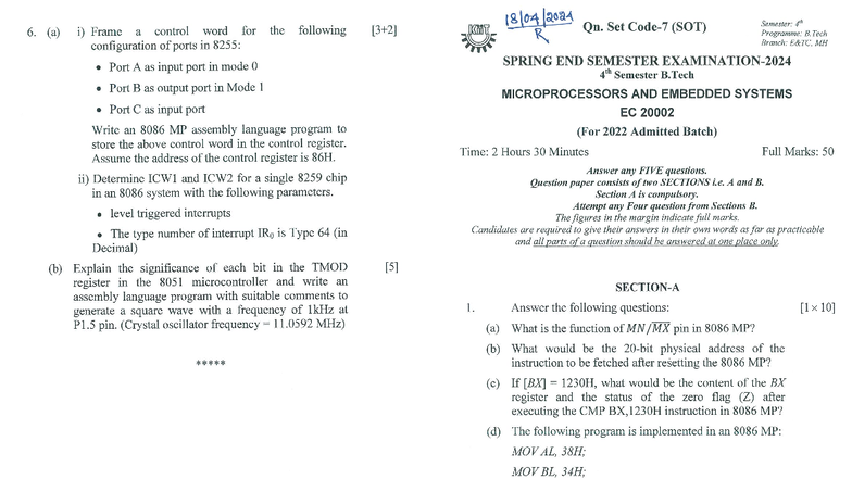 B.Tech 4th Sem End Semester Exam: Microprocessors & Embedded Systems ...