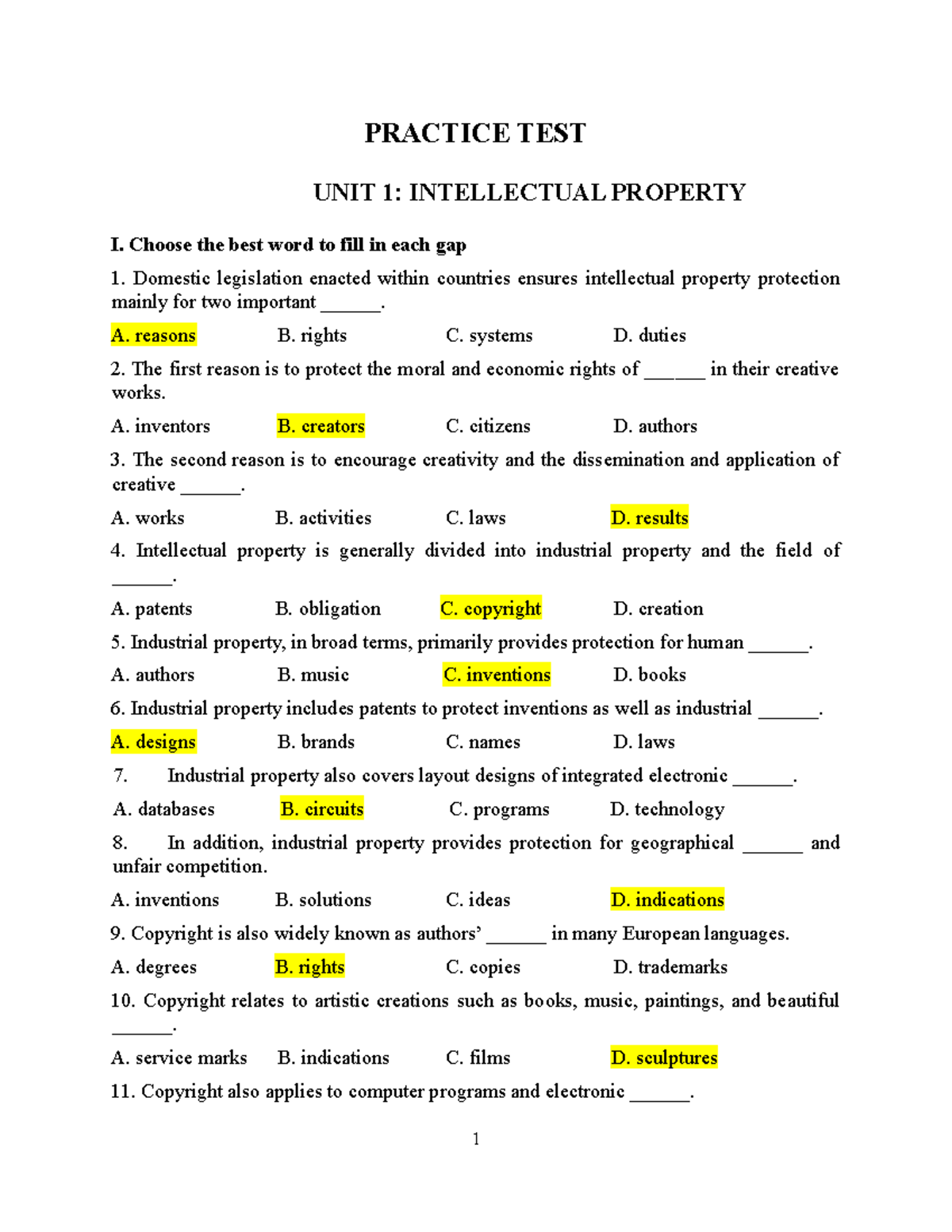 PRACTICE TEST UNIT 1: INTELLECTUAL PROPERTY REVIEW - Studocu