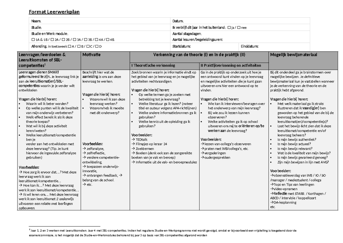 Leerwerkplan Format voor Studie- en Werkmodule 2023 - Studeersnel