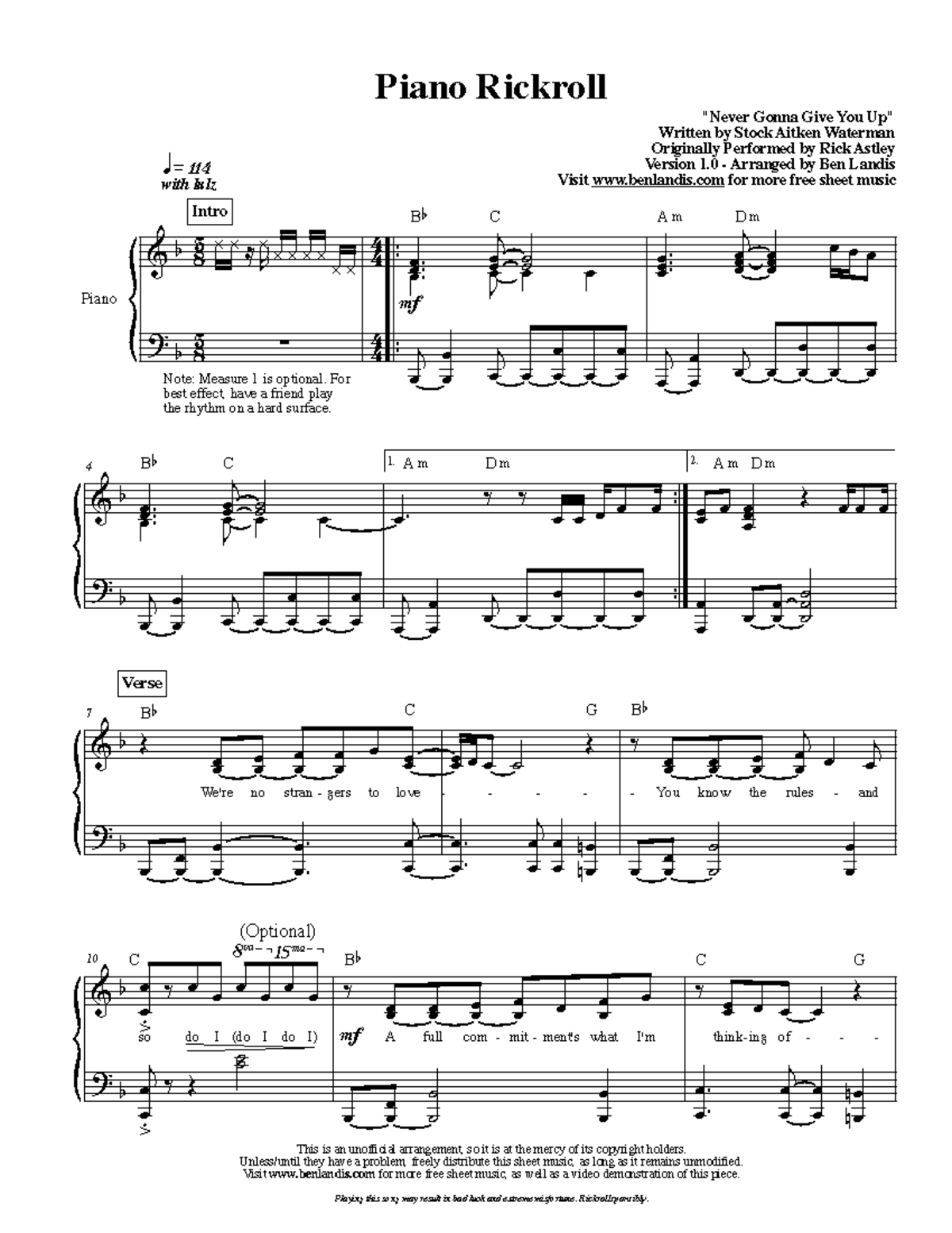 Piano Sheet Music: Rickroll Arrangement (Version 1.0) - Studocu