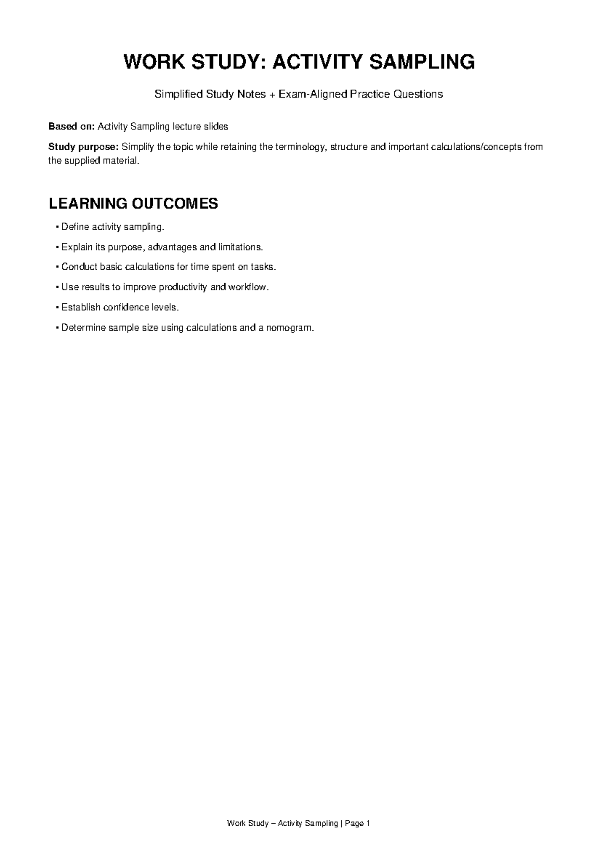 Work Study: Activity Sampling Study Notes & Practice Questions - Studocu