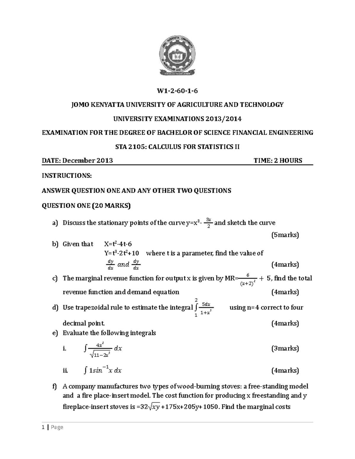 STA 2105: Final Exam Review on Calculus for Statistics II - Studocu