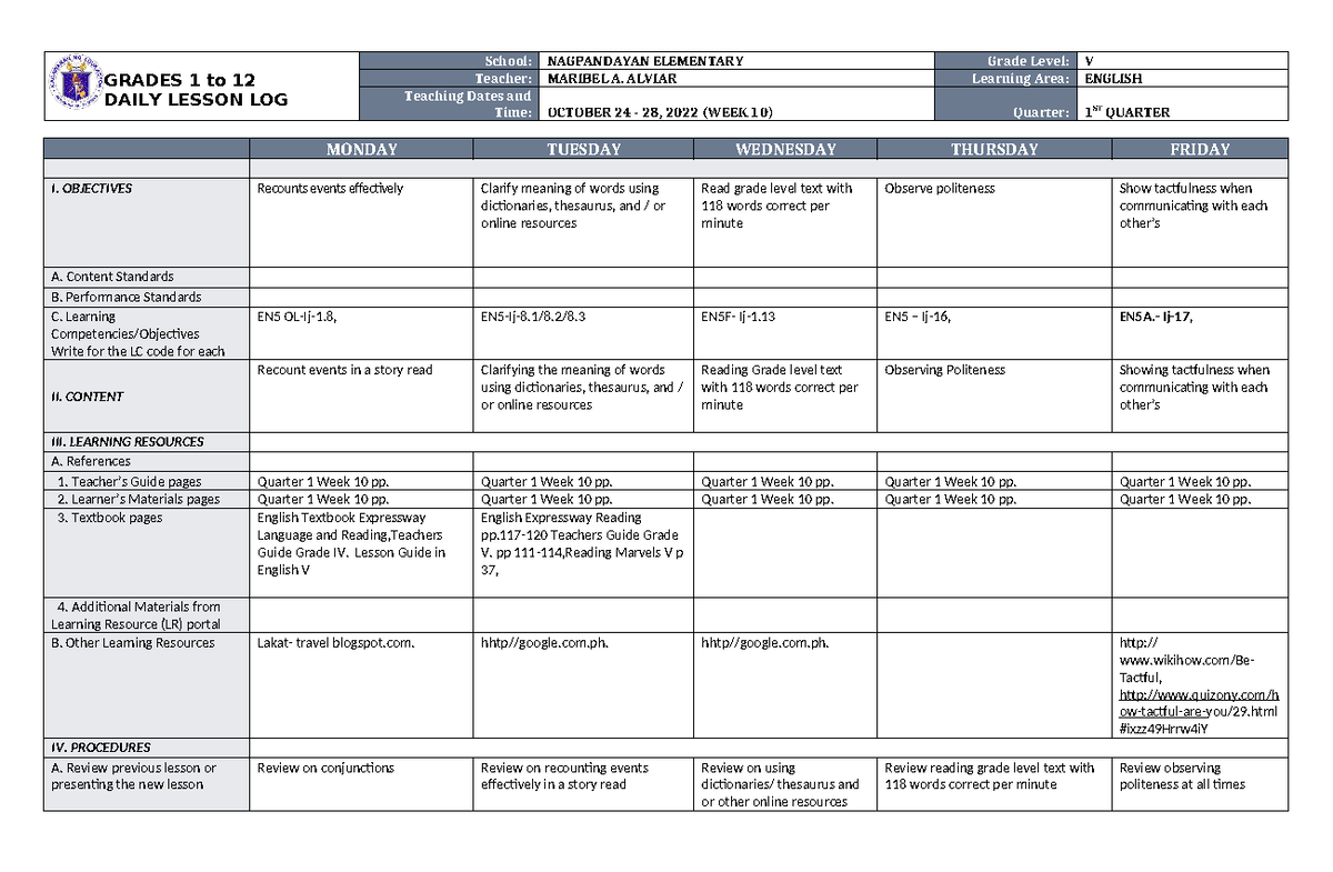 DLL English 5 Q1 W10 - n/a - GRADES 1 to 12 DAILY LESSON LOG School ...