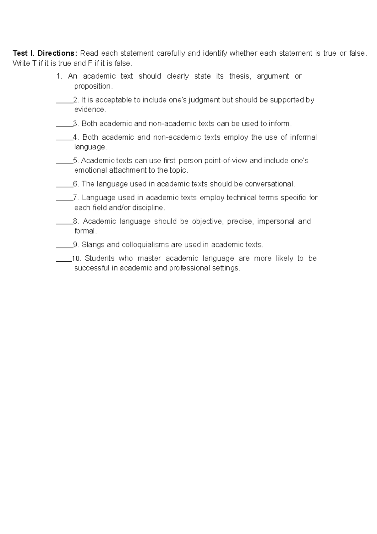 Test I: True or False Evaluation for Academic Writing Standards - Studocu