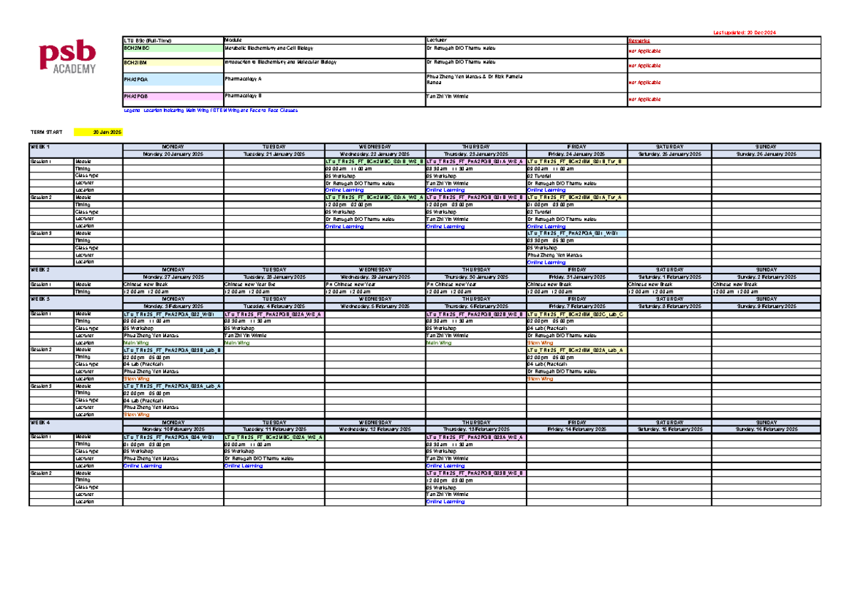 LTU BSc (Full-Time) Class Schedule & Lecturer Remarks 2025 - Studocu