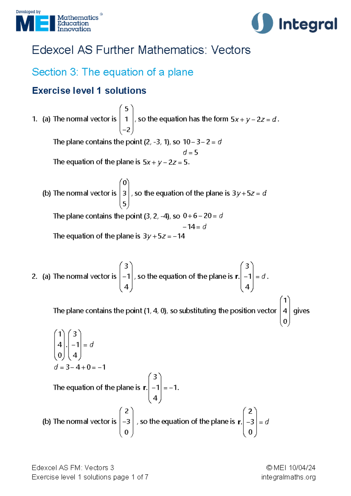 Edexcel AS FM: Vectors Section 3 Level 1 Exercise Solutions - Studocu