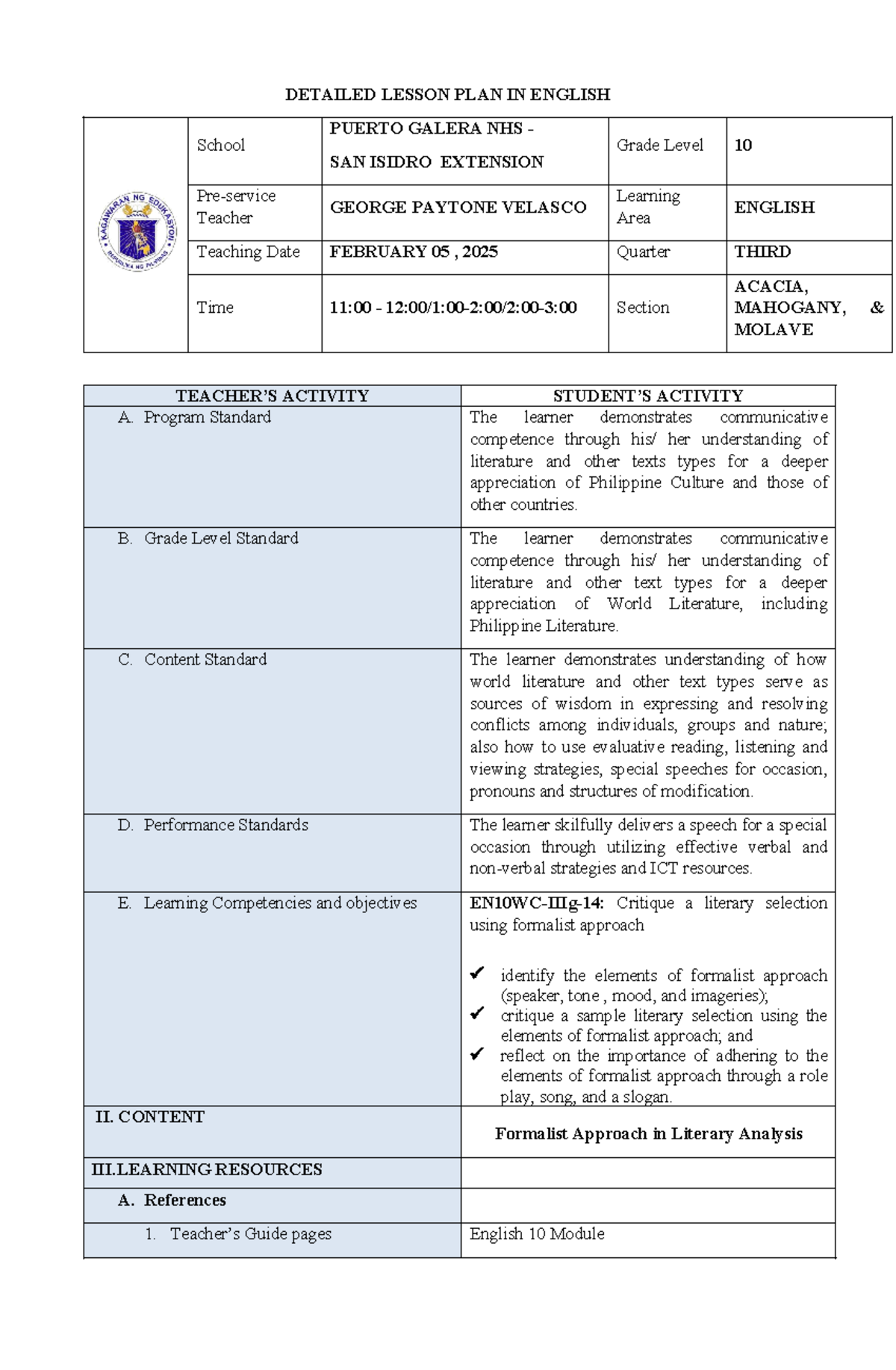 Formalist Approach Lesson Plan (ENG 10) for Grade 10 - Feb 5, 2025 ...