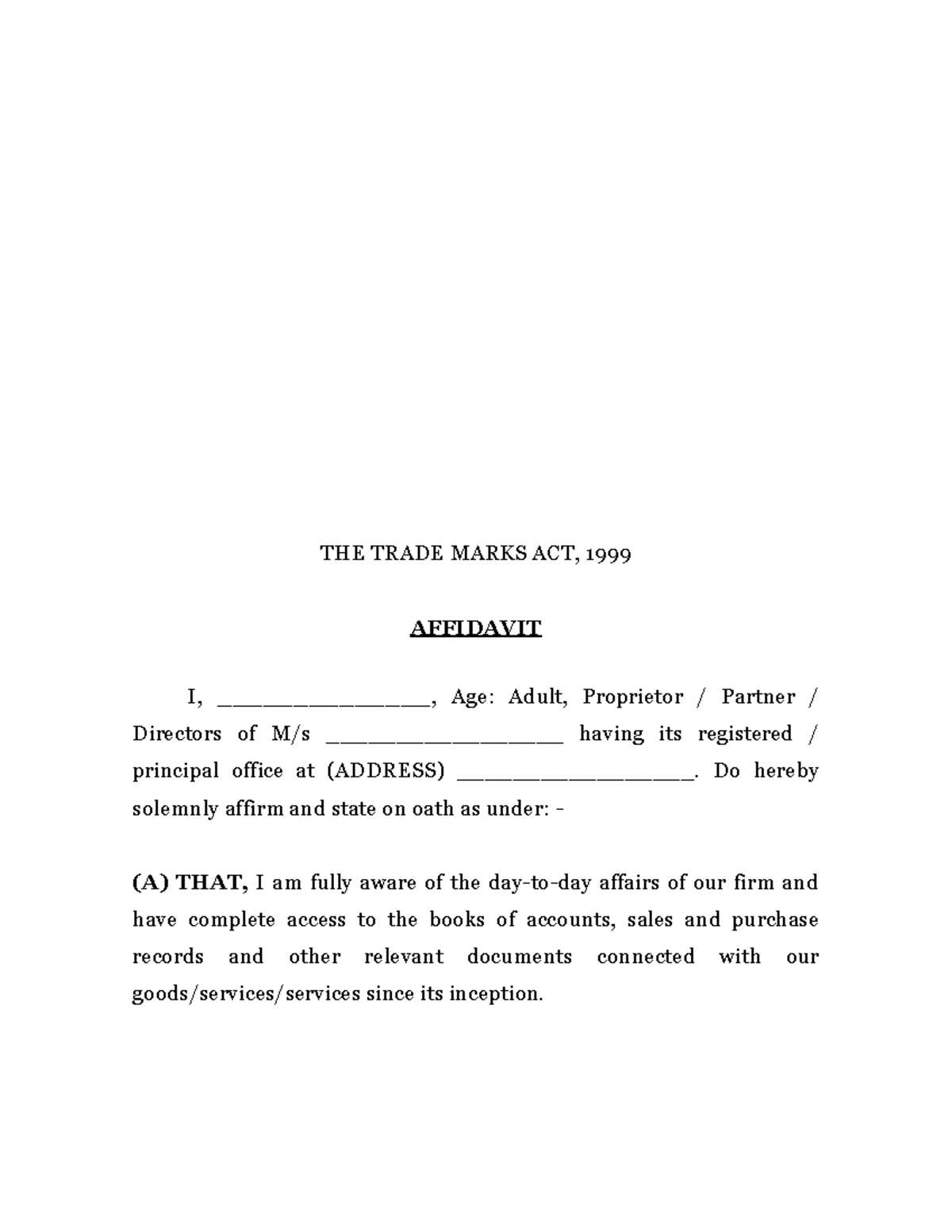 USER - Affidavit TM - Sample Format for Trademark Registration - Studocu