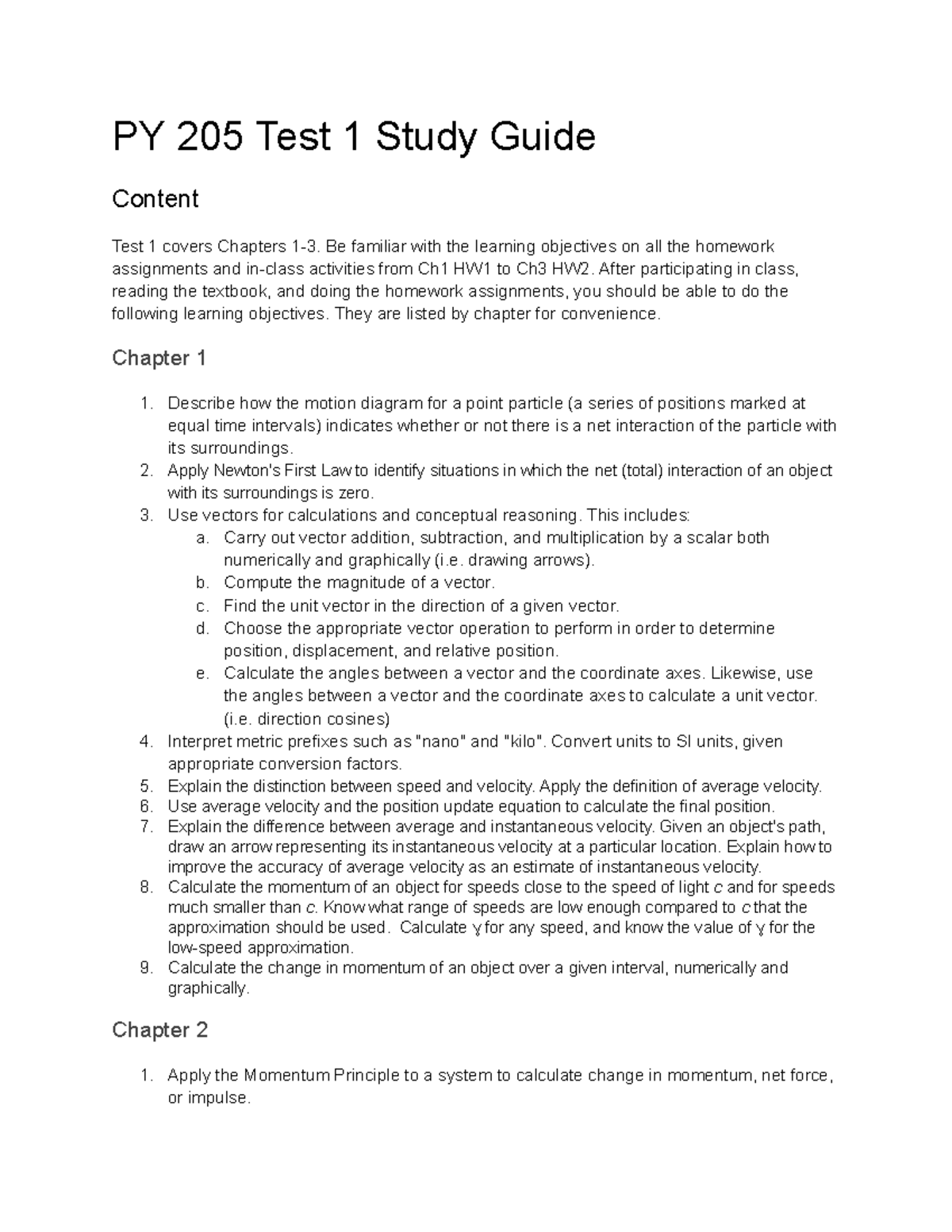 PY 205 Test 1 Study Guide: Chapters 1-3 Learning Objectives - PY 205 ...