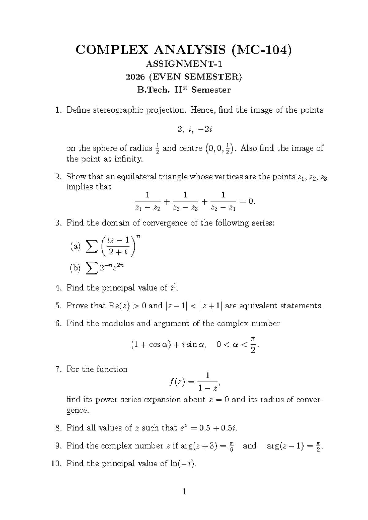 Complex Analysis Assignment-1 MC-104 (Even Sem 2026) - Studocu