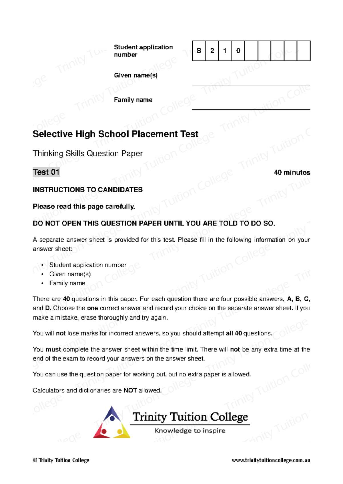 Trinity Tuition College Thinking Skills Test 01 Guide - Studocu