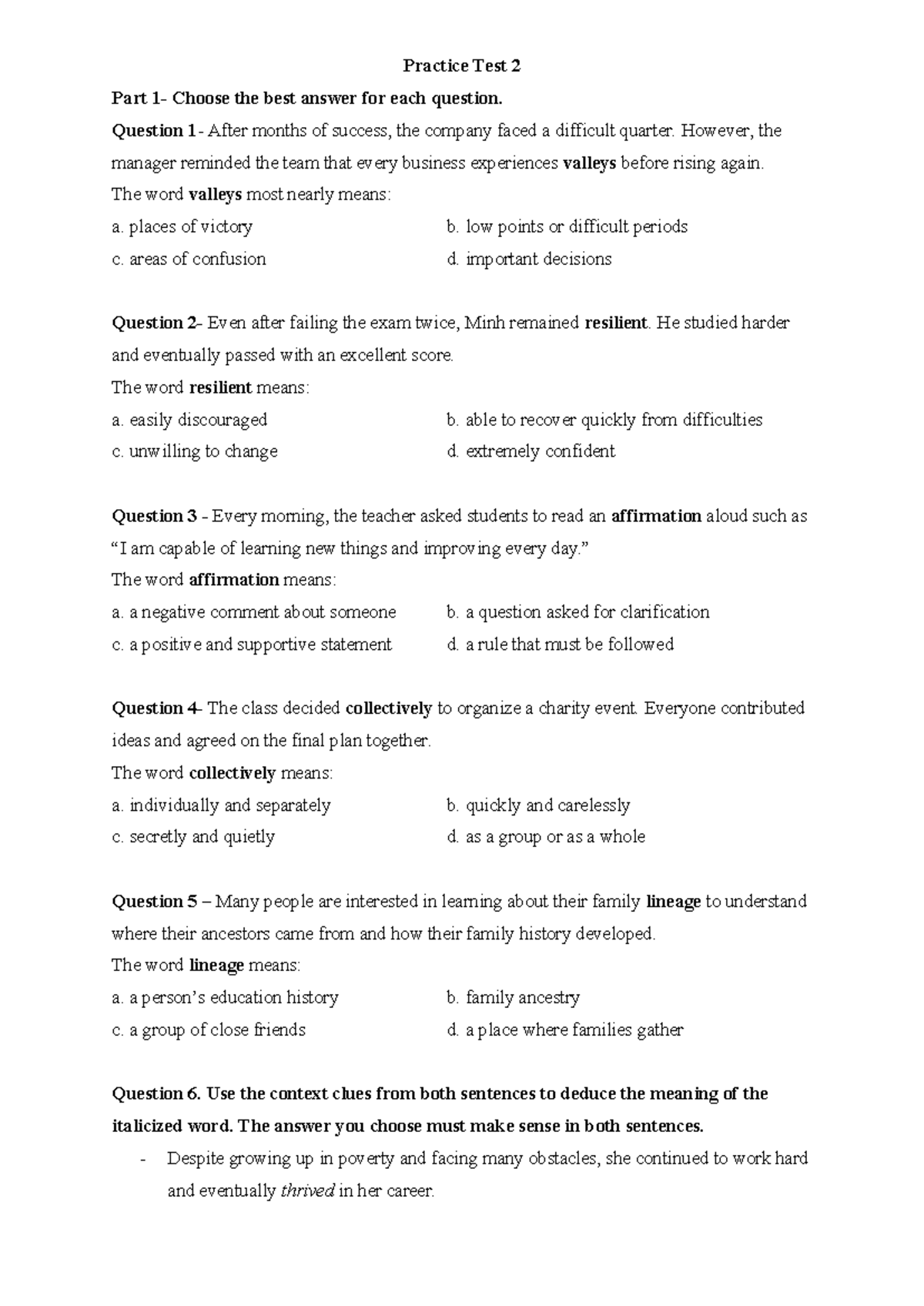 Practice Test 2 & 3: Vocabulary and Comprehension Questions - Studocu