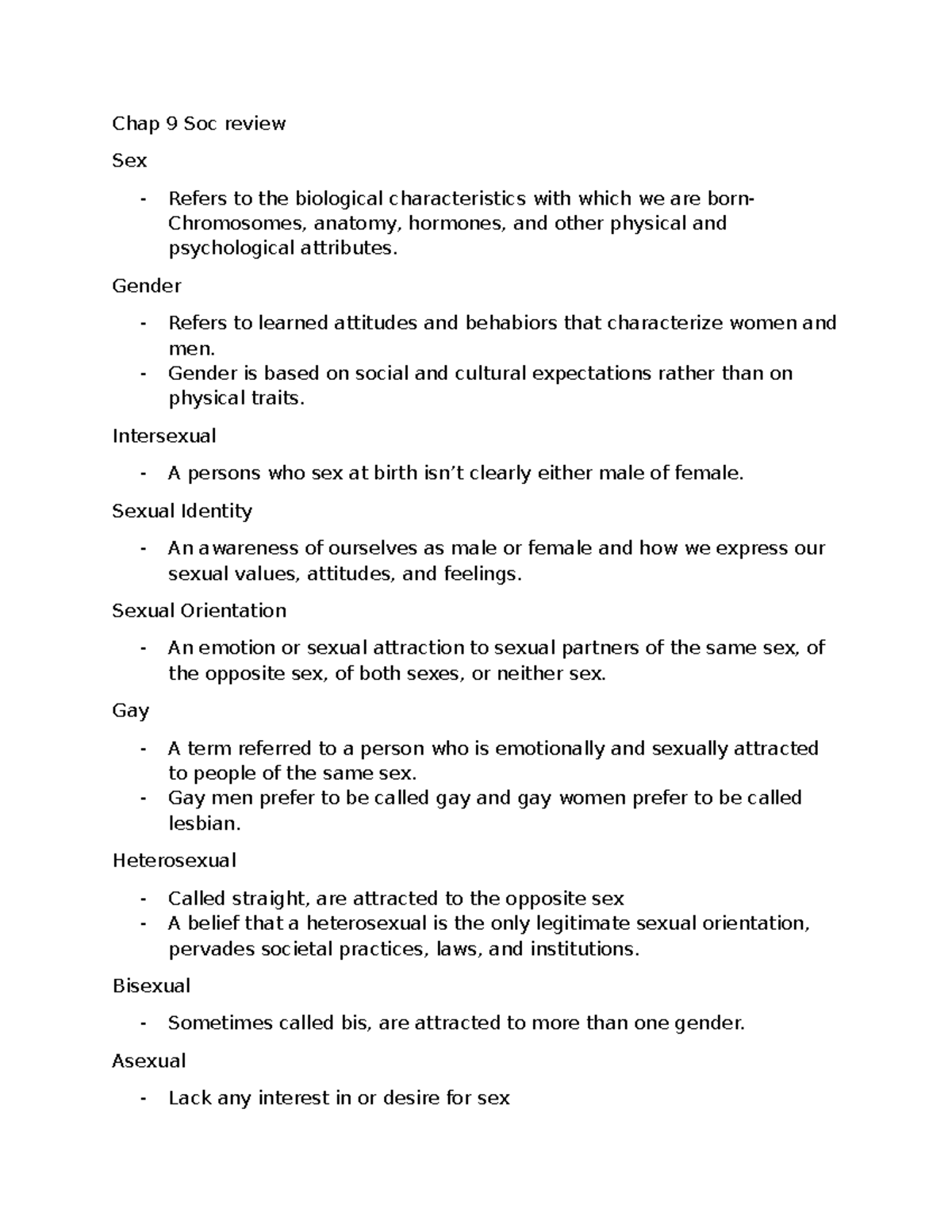Chapter 9: Sociology Review on Gender and Sexuality Concepts - Studocu