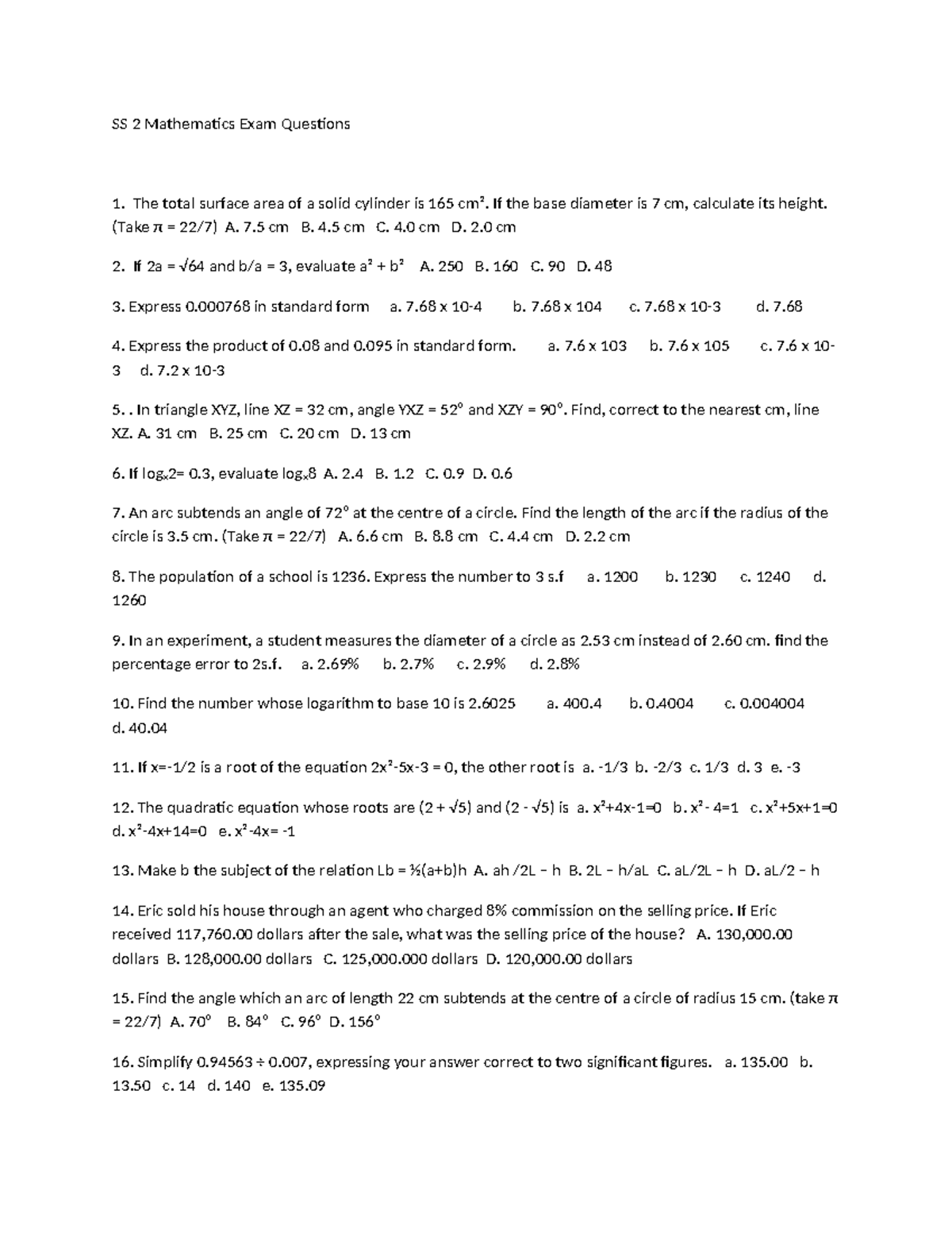 SS 2 Mathematics Exam Questions - Second Term Review - Studocu