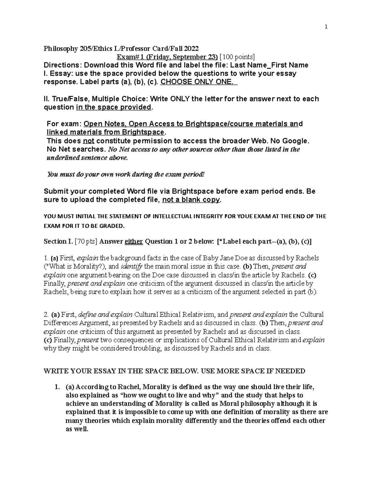 Finalphl - FINAL EXAM OF PHILOSOPHY - Philosophy 205/Ethics I ...
