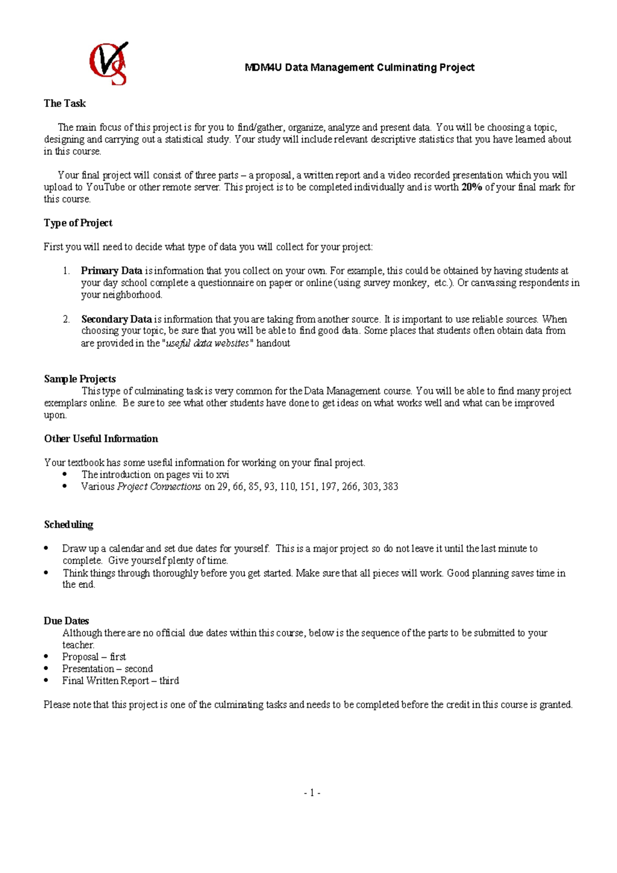 MDM4U1 Data Management Final Project Guidelines and Requirements - Studocu