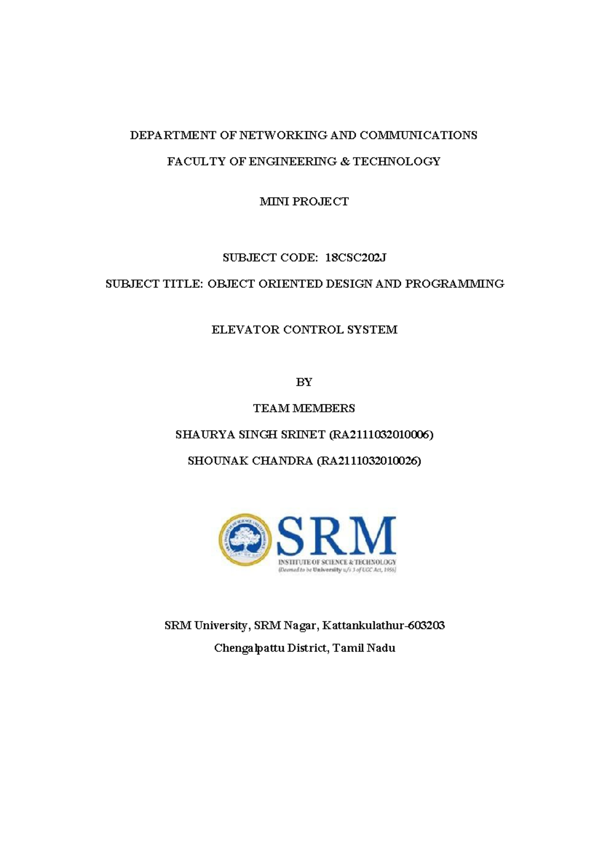 Elevator Control System UML Mini Project - 18CSC202J - Studocu