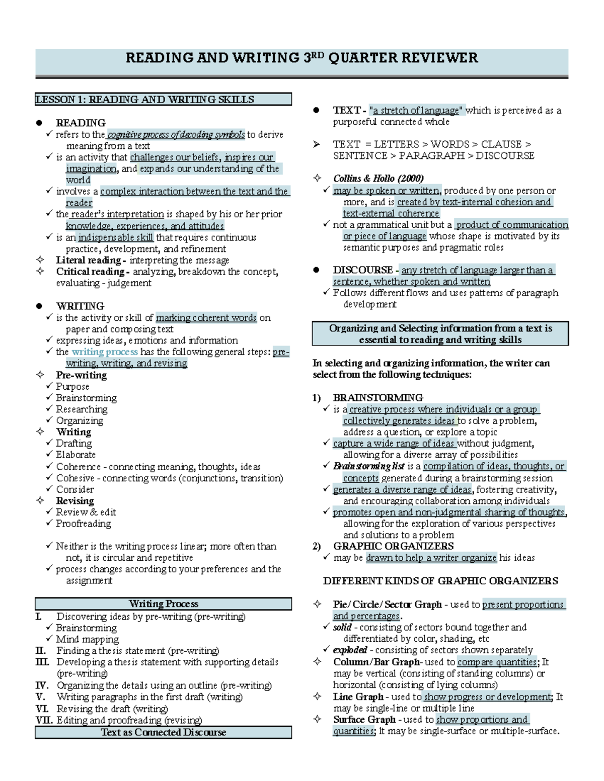 Reading & Writing 3RD Quarter Reviewer: Skills & Techniques Overview ...