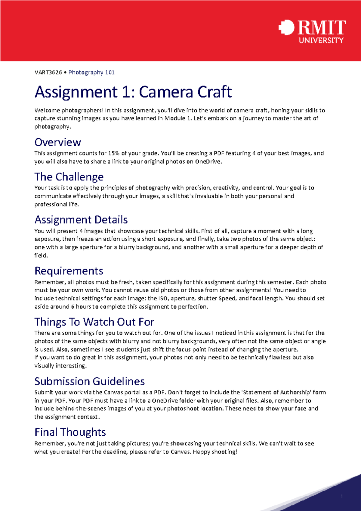 VART3626 Photography 101: Assignment 1 - Mastering Camera Craft - Studocu