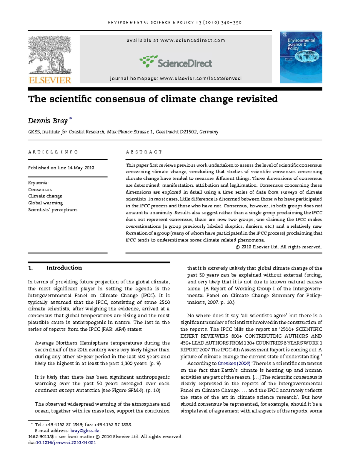 Climate Change Scientific Consensus: An Analysis of Perspectives (ENV ...