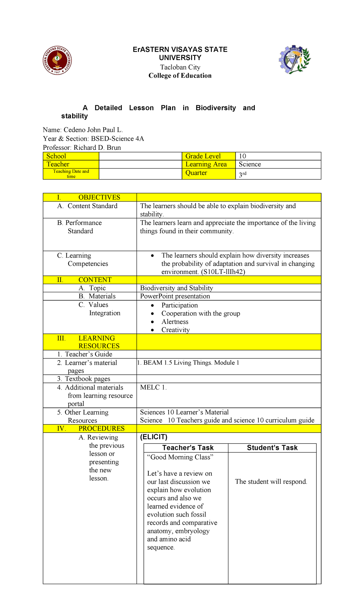 Detailed Lesson Plan on Biodiversity and Stability (Sci 10) - Studocu