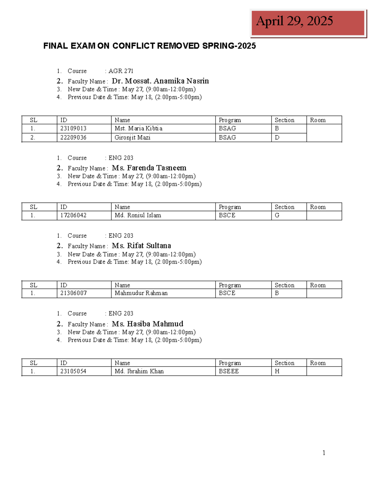 Spring 2025 Final Exam Conflict Schedule - AGR 271, ENG 203, CSC 103 ...
