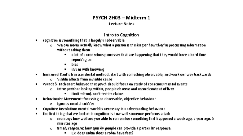 PSYCH 2H03 Midterm 1 Lecture Notes: Introduction to Cognition - Studocu