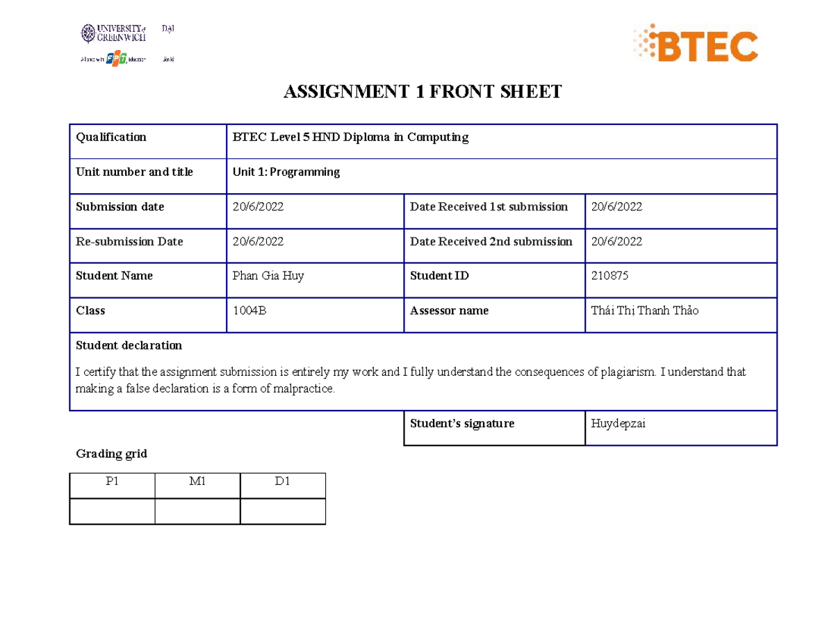 1 Unit 1 - Assignment 1 frontsheet - ASSIGNMENT 1 FRONT SHEET ...