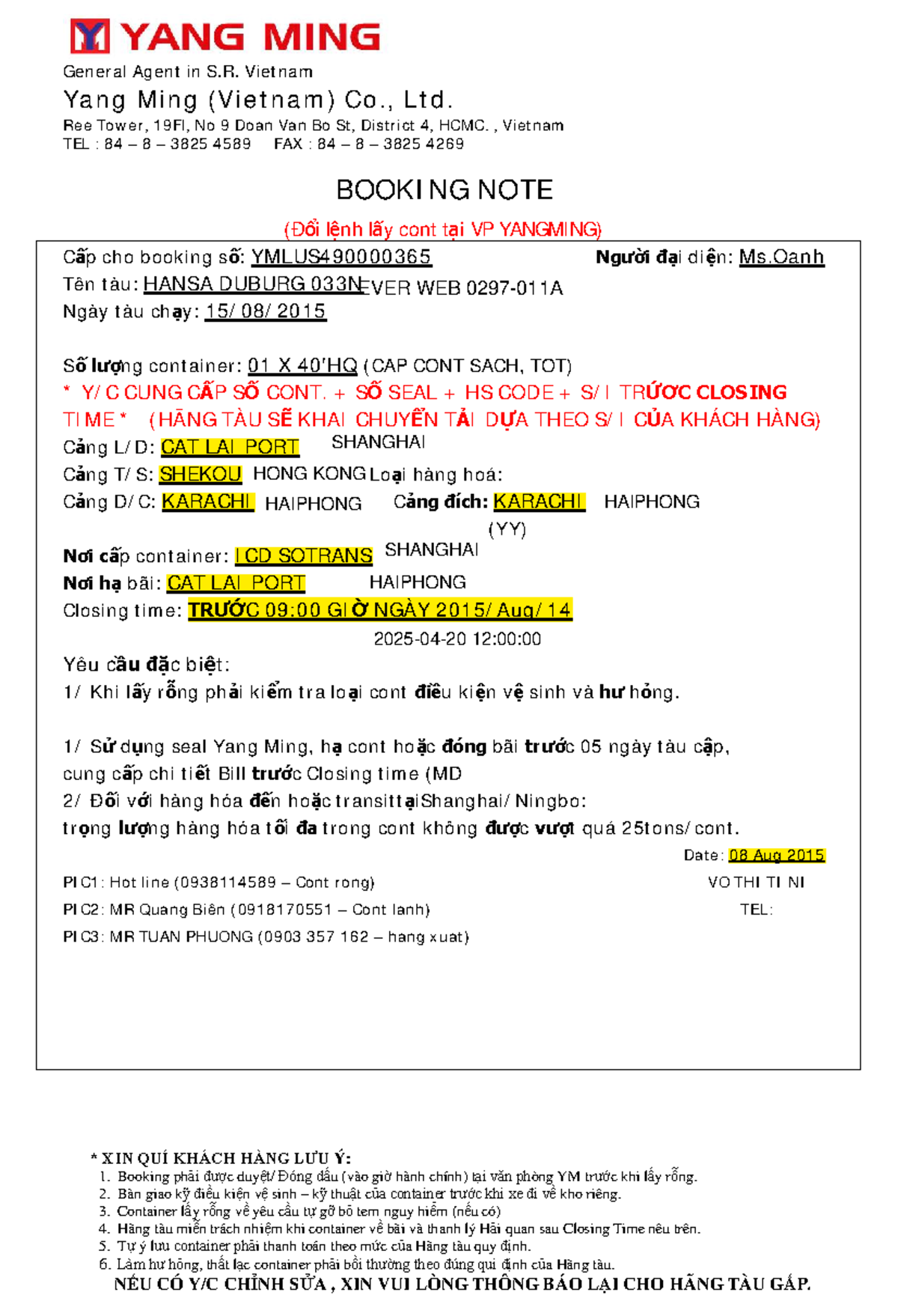 Booking Note for Yang Ming Co., Ltd. - 08 Aug 2015 - Studocu