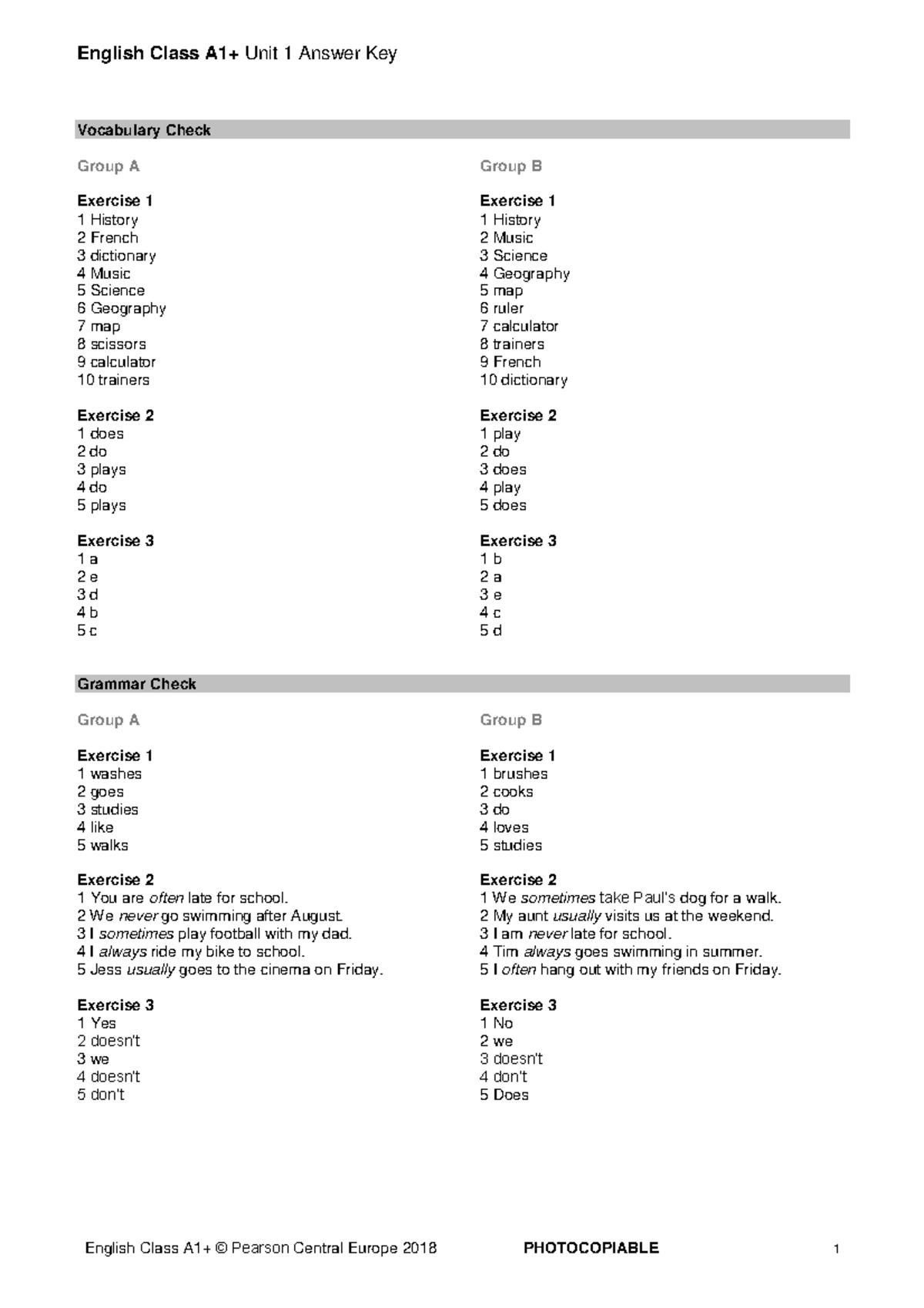 EC A1+ - Unit 1 Answer Key: Vocabulary & Grammar Exercises - Studocu