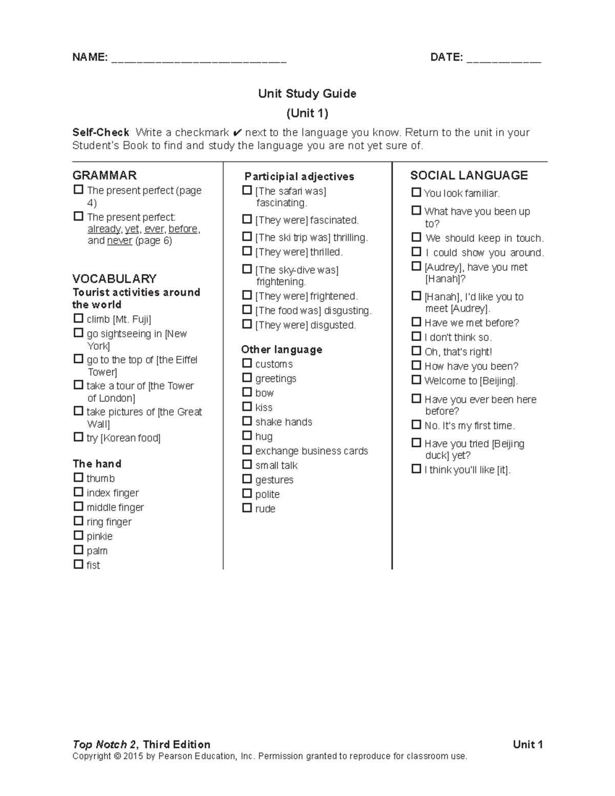 Top Notch 2: Unit 1 Study Guide for Language Skills - Studocu