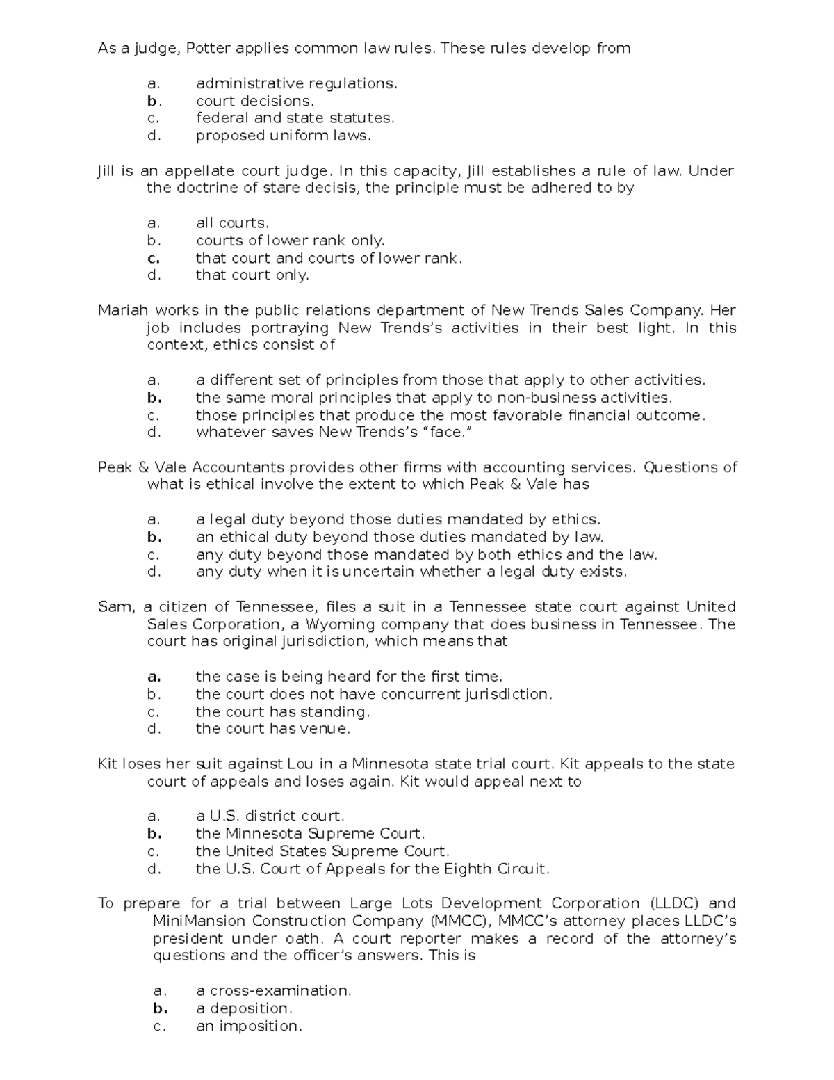 BLAW 101 Final Exam Sample Questions on Common Law Principles - Studocu
