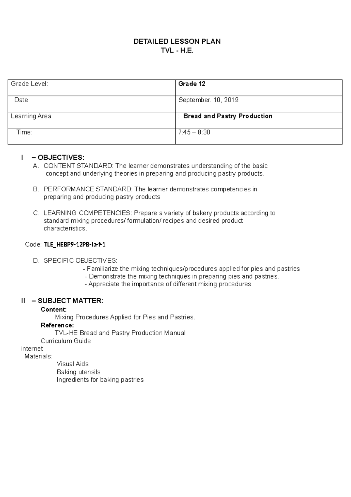 Detailed Lesson Plan: Bread and Pastry Production (TVL H.E. Grade 12 ...