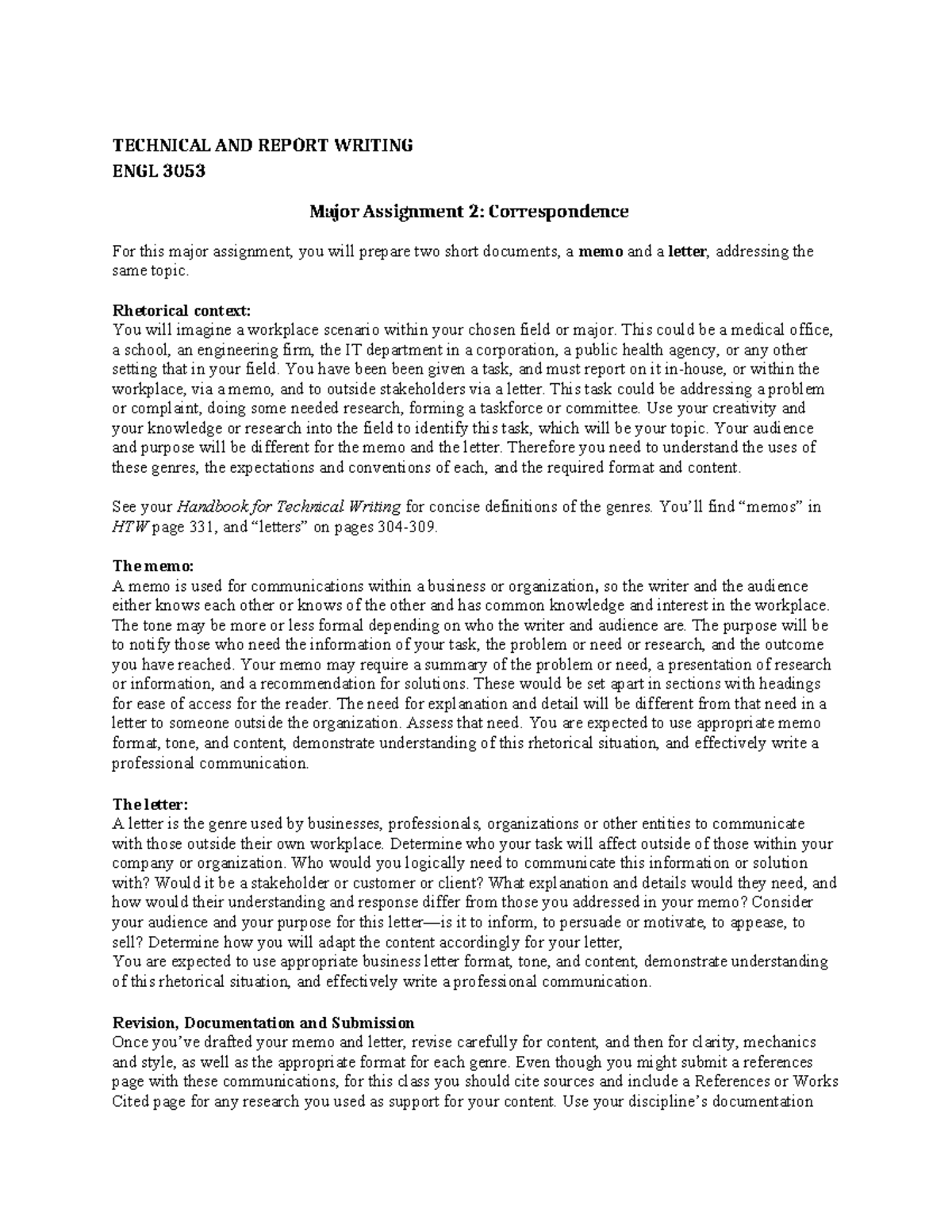 3053 Assignment 2 - Correspondence - TECHNICAL AND REPORT WRITING ENGL ...