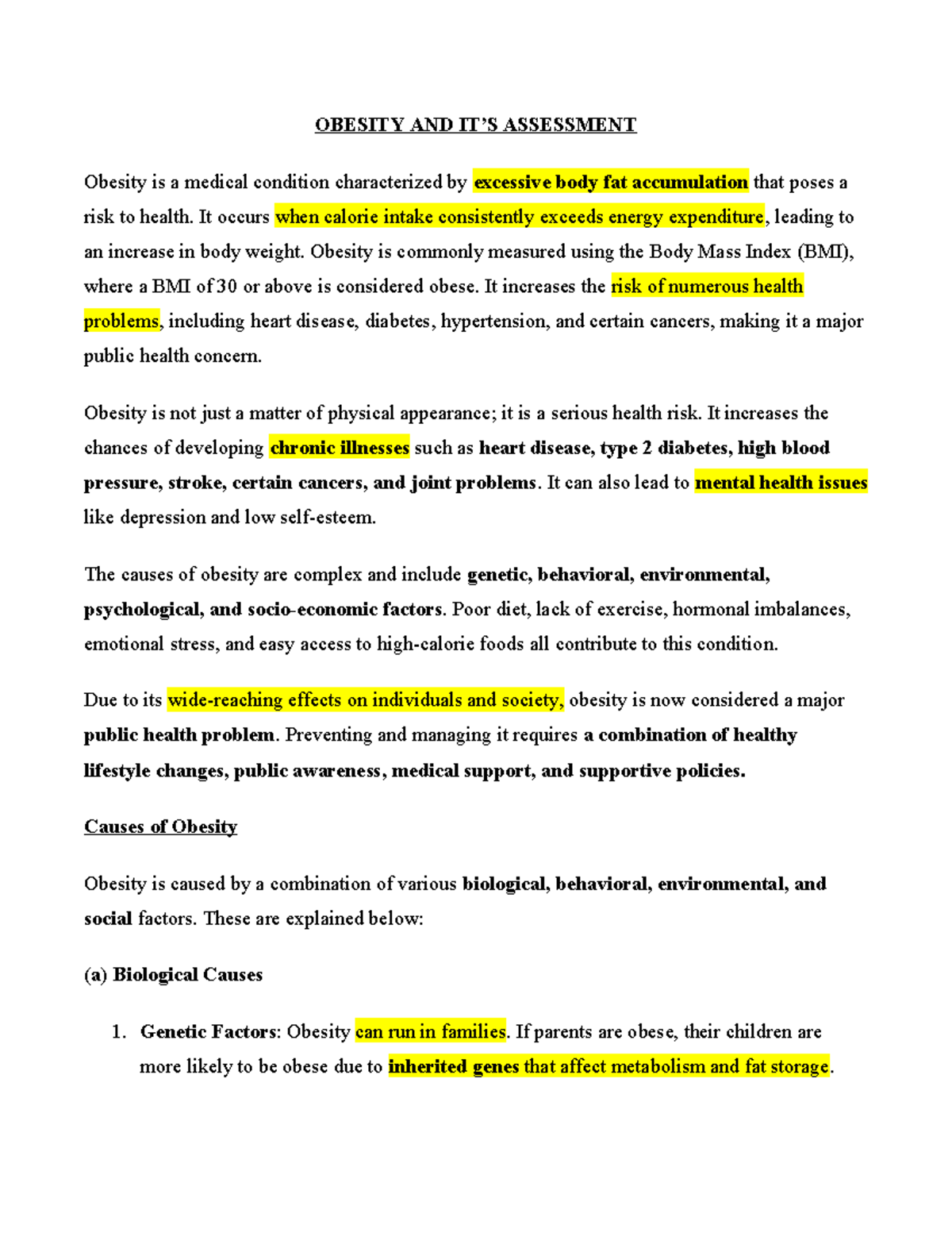 Unit 1 - Obesity Assessment: Causes, Risks, and Measurement Methods - Document Preview