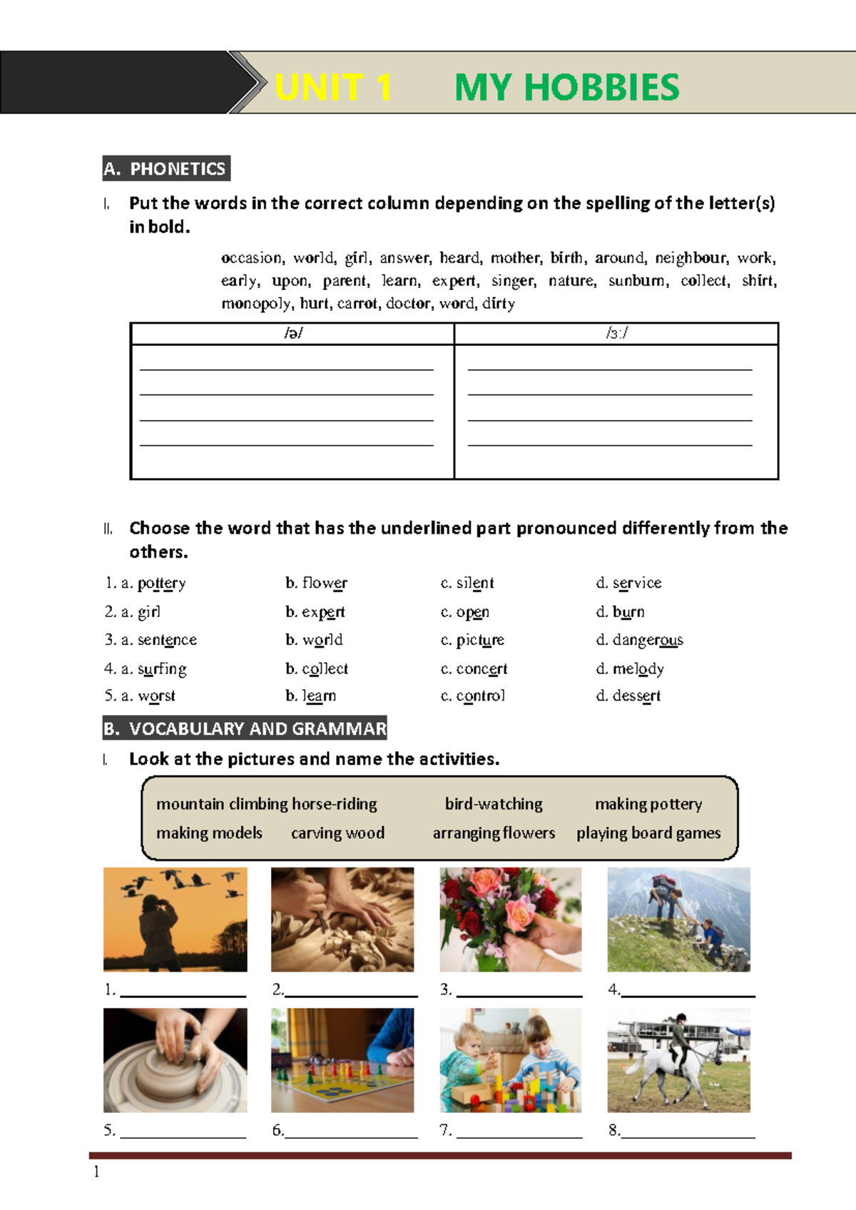 Grade 7 Unit 1 Hobbies - Exercises for Transition from Grade 6 to 7 ...
