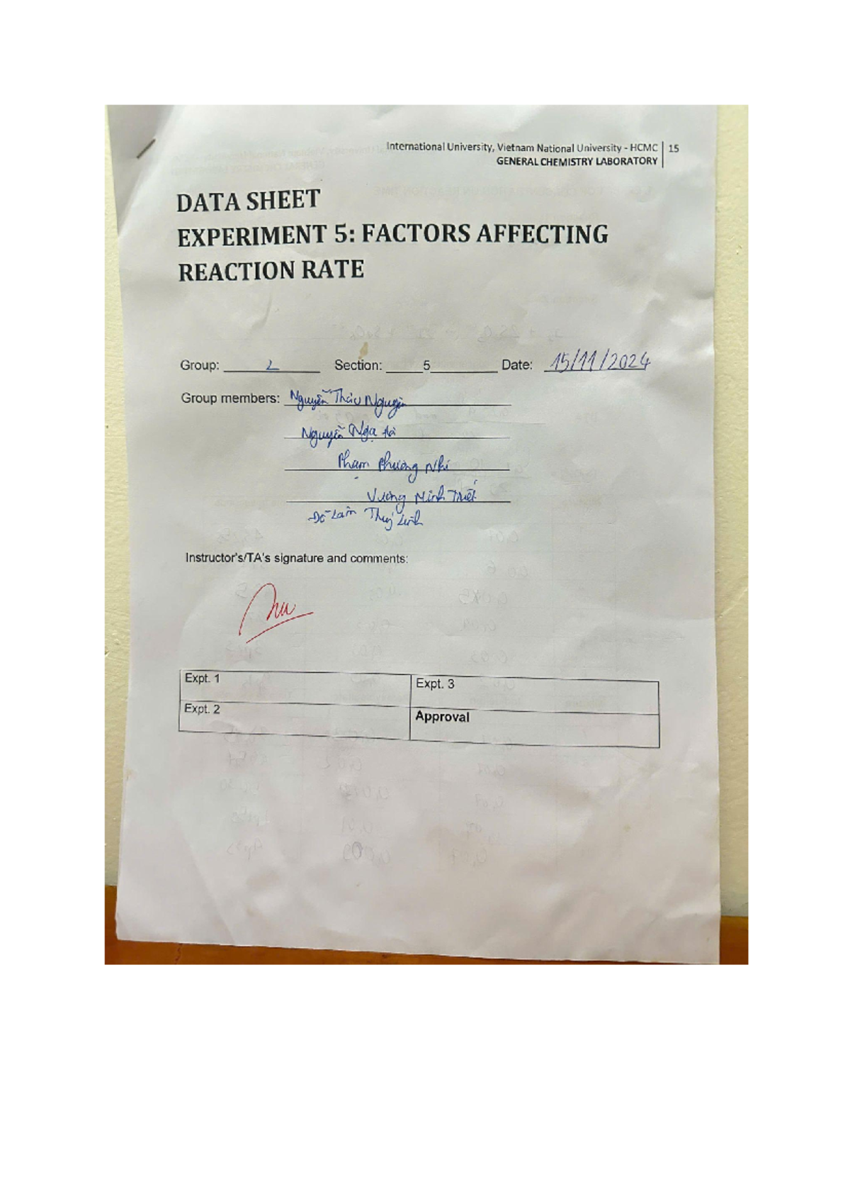 Chem Lab - Data Sheet 5 - Group 2 - International University, Vietnam ...